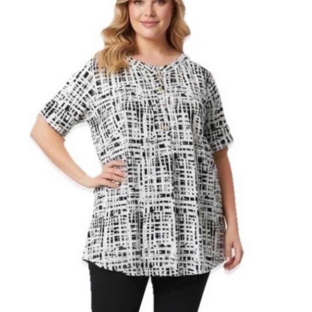 Always Indigo Blouse Women 3X Black White‎ Abstract Pleated Button Detail Top